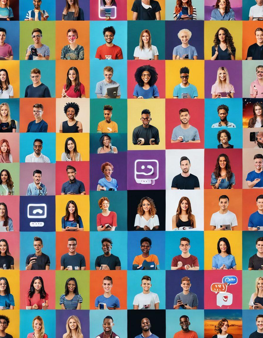 A vibrant, interconnected collage of diverse individuals sharing multimedia content like videos, images, and articles on YouCube, surrounded by colorful social media icons and digital interfaces. The scene showcases engagement through chat bubbles and reaction emojis, symbolizing connection and interaction. A modern tech-inspired background enhances the theme of social networking. super-realistic. vibrant colors. 3D.