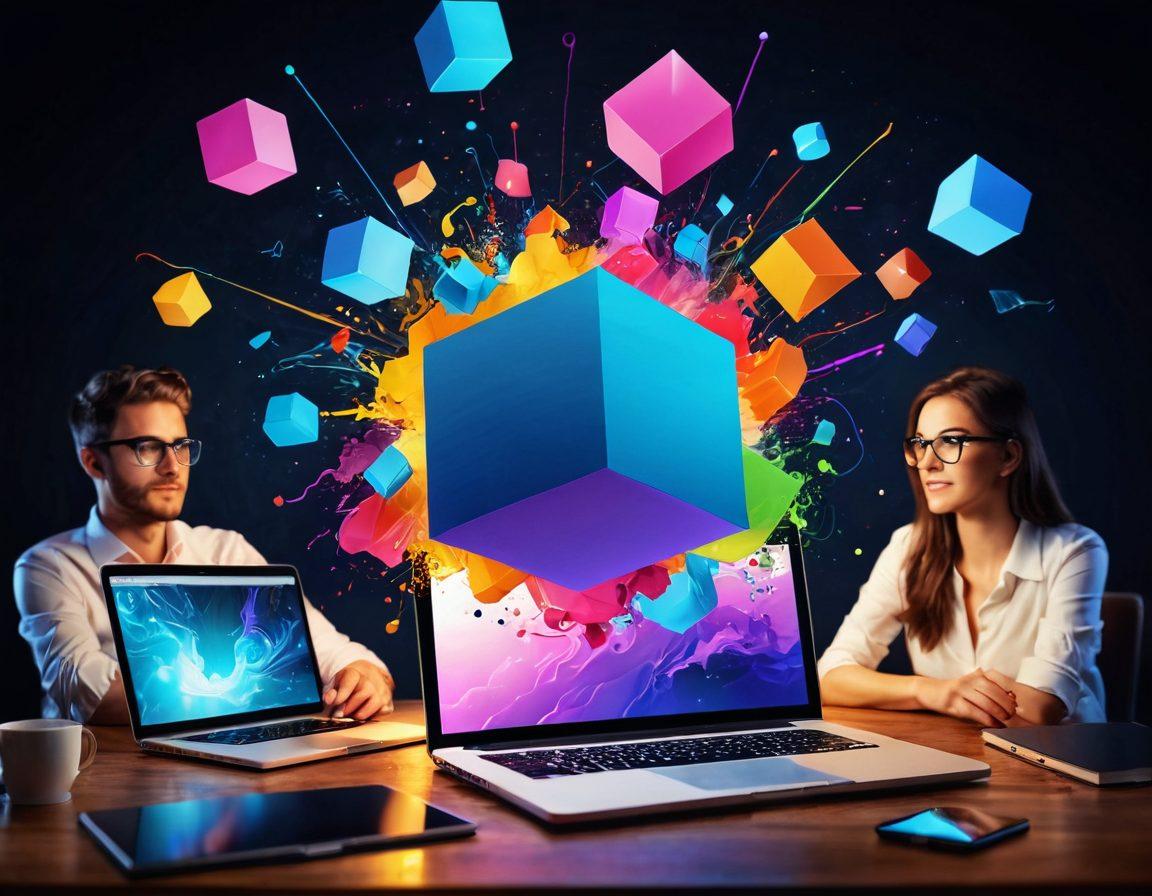 A dynamic scene featuring a colorful 3D cube with interactive elements bursting forth, symbolizing creativity and innovation. In the background, a diverse group of bloggers brainstorming with laptops and digital devices, showcasing a vibrant exchange of ideas. Elements of digital art, such as swirls of colors and light, illustrate the transformation of traditional blogging into an engaging experience. super-realistic. vibrant colors. 3D.